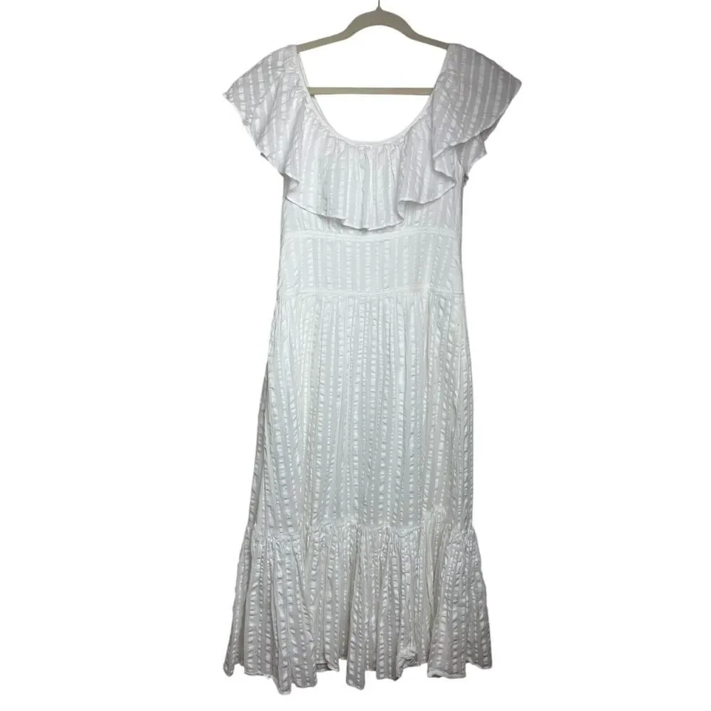Tory Burch White Striped Seersucker Tiered Dress Sz. 4